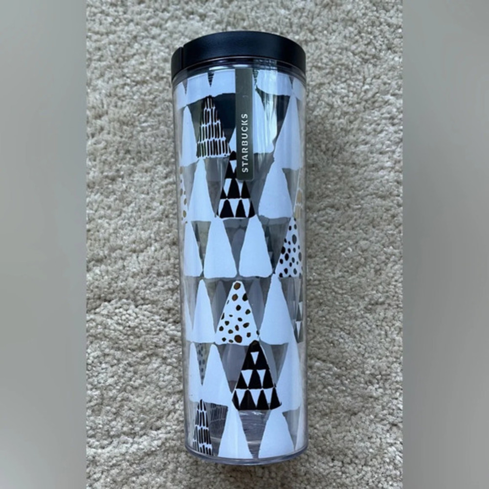 2013 Starbucks Christmas 16oz Tumbler - Black, White, Gold Trees - VGUC